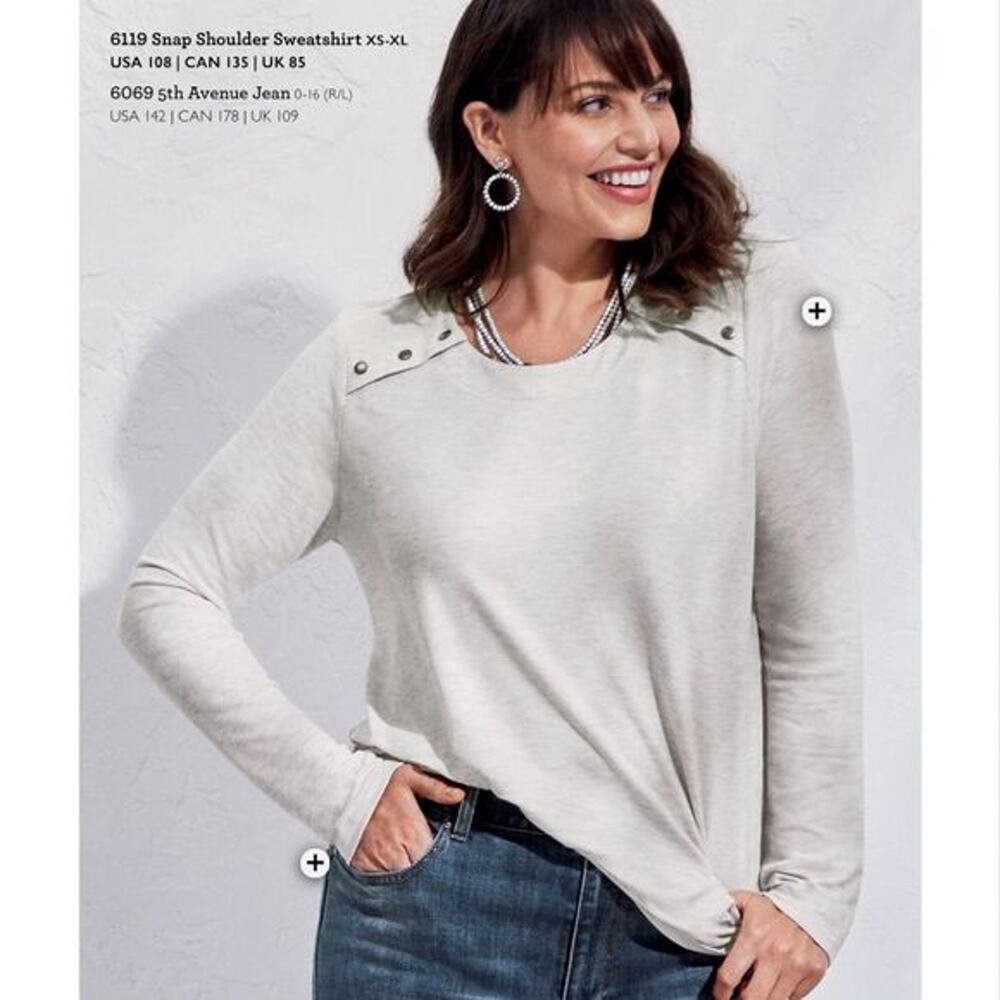 CAbi Snap Shoulder Sweatshirt In Dove Style Number 6119 Small